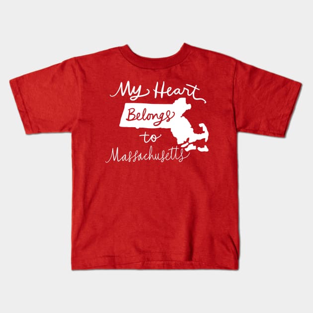 My Heart Belongs To Massachusetts: State Pride Calligraphy State Silhouette Art Kids T-Shirt by Tessa McSorley